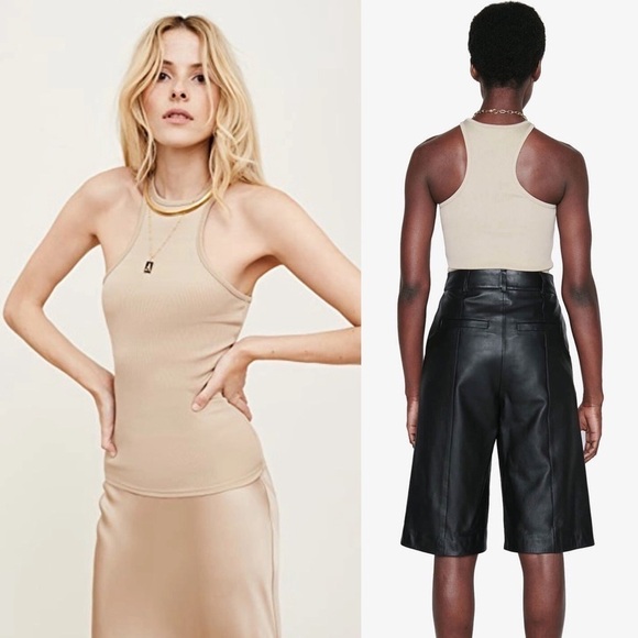 ANINE BING 90s Beige Stretch Rib Knit Sleeveless Sculpting Racerback Tank Top S - Picture 3 of 9